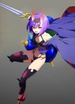  1girl :d bare_shoulders bob_cut fangs fate/grand_order fate_(series) gradient gradient_background grey_background horns japanese_clothes kimono looking_at_viewer oni oni_horns open_mouth purple_hair red_eyes shiromako short_hair shuten_douji_(fate/grand_order) smile solo sword twitter_username weapon 
