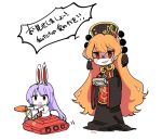  &gt;:d 2girls :d animal_ears animal_print bangs blonde_hair brown_eyes bunny_print bunny_tail carrot chinese_clothes controller dual_wielding hair_between_eyes hat heart highres junko_(touhou) long_hair long_sleeves lunatic_gun multiple_girls necktie open_mouth purple_hair rabbit_ears red_necktie reisen_udongein_inaba remote_control shaded_face short_sleeves simple_background smile speech_bubble standing tabard tail tis_(shan0x0shan) touhou translated very_long_hair white_background wide_sleeves 