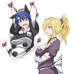  2girls :d animal_ears blonde_hair blue_eyes blue_hair blush bow breasts crossed_arms d: doremy_sweet dress earrings elbow_gloves gap gloves jewelry kuroba_rapid large_breasts long_hair long_sleeves low-cut multiple_girls no_hat no_headwear open_mouth ponytail restrained sash scrunchie short_hair smile stud_earrings tapir_ears touhou violet_eyes white_gloves yakumo_yukari 