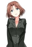  10s 1girl azumi_(girls_und_panzer) bangs black_jacket breasts brown_hair cleavage girls_und_panzer jacket long_sleeves looking_at_viewer medium_breasts military military_uniform no_shirt parted_bangs parted_lips selection_university_military_uniform short_hair simple_background solo standing umekichi uniform upper_body white_background 