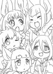  &gt;:o 5girls :d :o ;&lt; ^_^ animal_ears arm_up bangs bat_ears bat_wings blunt_bangs blush brown_long-eared_bat_(kemono_friends) chibi closed_eyes collar dot_nose eyebrows eyebrows_visible_through_hair eyelashes facing_another fang fang_out fangs fraternal_myotis_(kemono_friends) fukai_(yas_lions) fur_collar hair_between_eyes hands_on_another&#039;s_head hilgendorf&#039;s_tube-nose_bat_(kemono_friends) honduran_white_bat_(kemono_friends) jitome kemono_friends long_hair long_sleeves looking_at_another looking_to_the_side looking_up lying monochrome multiple_girls neckerchief necktie no_mask on_stomach one_eye_closed open_mouth pleated_skirt shirt short_hair sitting sketch skirt smile standing tareme thick_eyebrows vampire_bat_(kemono_friends) wavy_hair wings |d 