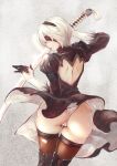  1girl ass back_cutout black_dress black_legwear blindfold boots dress feather-trimmed_sleeves hairband highres holding holding_weapon juliet_sleeves kalalasan lipstick long_sleeves makeup mole mole_under_mouth nier_(series) nier_automata puffy_sleeves short_hair simple_background solo sword thigh-highs thigh_boots vambraces weapon white_hair yorha_no._2_type_b 