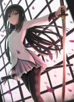  1girl akemi_homura argyle argyle_legwear black_hairband black_legwear breasts closed_mouth expressionless foreshortening frilled_skirt frills from_below hairband highres holding holding_sword holding_weapon katana long_hair long_sleeves looking_at_viewer looking_down mahou_shoujo_madoka_magica motion_blur outstretched_arm pantyhose petals pink_skirt purple_ribbon ribbon scabbard see-through sheath shirt siraha skirt small_breasts solo standing sword unsheathed very_long_hair violet_eyes weapon white_shirt 
