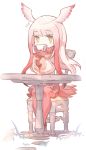  1girl chair cup eyebrows_visible_through_hair hair_wings holding holding_cup japanese_crested_ibis_(kemono_friends) kemono_friends long_hair looking_at_viewer multicolored_hair pantyhose red_legwear redhead sitting solo table teacup thyr two-tone_hair white_hair yellow_eyes 