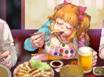  1girl 2boys alcohol beer breasts chopsticks cleavage eating food hair_ornament idolmaster idolmaster_cinderella_girls jewelry koutamii large_breasts moroboshi_kirari multiple_boys necklace ring star star_hair_ornament twintails 