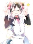  1girl :d ^_^ apron atsumi_jun blurry blush closed_eyes confetti double_bun facing_viewer frilled_apron frills hair_between_eyes hands_up long_sleeves love_live! love_live!_school_idol_project maid maid_headdress nico_nico_nii open_mouth sidelocks smile solo star teeth upper_body white_background yazawa_nico 