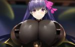  1girl blush bodysuit bow breasts bursting_breasts cleavage fate/extra fate/extra_ccc fate_(series) hair_bow huge_breasts long_hair looking_at_viewer mu-nyako passion_lip pink_eyes purple_hair see-through smile solo upper_body very_long_hair 
