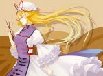  1girl blonde_hair cherry_blossoms closed_eyes dress from_side hat hat_ribbon holding_branch long_hair long_sleeves mob_cap parted_lips ribbon solo tabard touhou very_long_hair white_dress wide_sleeves wind yakumo_yukari 
