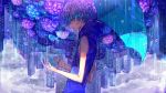  1boy 369minmin blue_hair city flower hood hoodie hydrangea looking_down male_focus original rain scenery short_hair sleeveless sleeveless_hoodie solo umbrella violet_eyes water_drop 