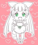  1girl :d ankle_lace-up arm_warmers armadillo_tail bangs belt blunt_bangs blush braid chibi collar cross-laced_footwear dot_nose dress eyebrows_visible_through_hair eyelashes fairy_wings flats french_braid fukai_(yas_lions) full_body fur_collar green_belt green_eyes head_wings heart heart_background kemono_friends long_hair looking_at_viewer mini_wings open_hands open_mouth outline pink_background pink_fairy_armadillo_(kemono_friends) sleeveless sleeveless_dress smile solo spot_color standing strapless strapless_dress tail tareme teeth upper_teeth white_outline wings 