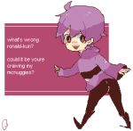  1boy ass brown_eyes english glasses_enthusiast grimace_(mcdonald&#039;s) humanization looking_back lowres mcdonald&#039;s meme open_mouth pixel_art purple_hair sleeves_past_wrists smile solo 