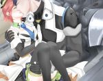  1boy 1girl black_hair blush carrying charinkororin cockpit hand_on_own_chest hat kaname_buccaneer kiss lips macross macross_delta messer_ihlefeld necktie pilot_suit princess_carry redhead sitting sitting_on_lap sitting_on_person skirt thigh-highs 