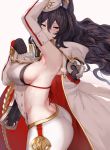 1girl animal_ears arched_back arm_up armpits ass bare_shoulders black_gloves black_hair breasts brown_eyes cape commentary detached_sleeves erun_(granblue_fantasy) from_side gloves granblue_fantasy hair_between_eyes hews_hack highres ilsa long_hair looking_at_viewer looking_to_the_side medium_breasts sideboob simple_background smile solo sweat white_background