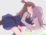  2girls blush brown_hair closed_eyes flask from_side girl_on_top hair_tie hidden_face kagari_atsuko kiss kneehighs little_witch_academia long_hair long_sleeves lying multiple_girls on_back one_side_up potion profile purple_hair school_uniform simple_background skirt sou_(tuhut) spill sucy_manbavaran yuri 