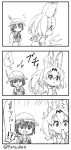 /\/\/\ 2girls 3koma :3 animal_ears artist_name backpack bag banana bucket_hat chibi comic eating emphasis_lines eyebrows_visible_through_hair food fruit gloves greyscale hat hat_feather hungry kaban_(kemono_friends) kemono_friends looking_at_another monochrome multiple_girls panzuban serval_(kemono_friends) serval_ears shirt stomach_growling surprised sweat sweating_profusely translation_request 