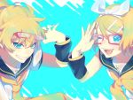 +_+ 1boy 1girl blonde_hair blue_background blue_eyes bow brother_and_sister collarbone glasses grin hair_bow hair_ornament hairclip kagamine_len kagamine_rin looking_at_viewer necktie nora_usagi one_eye_closed open_mouth sailor_collar short_hair siblings smile teeth twins vocaloid 