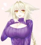  1girl absurdres animal_ears blush braid breasts cleavage fang hand_on_own_chest heart highres large_breasts long_hair meme_attire minarai_tenna open-chest_sweater original pale_skin parted_lips ribbed_sweater sidelocks single_braid slit_pupils solo sweater turtleneck turtleneck_sweater very_long_hair yellow_eyes 