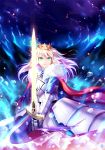  1girl armor armored_dress artist_request blonde_hair blue_dress bubble crown dress excalibur fate/stay_night fate_(series) faulds fur_trim gauntlets glint glowing glowing_sword glowing_weapon green_eyes highres holding holding_sword holding_weapon night open_mouth parted_lips saber solo sword weapon 