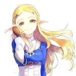  1girl blonde_hair braid breasts ciatoli eyebrows fingerless_gloves french_braid gloves green_eyes hair_ornament hand_in_hair long_hair looking_at_viewer medium_breasts pointy_ears princess_zelda simple_background smile solo the_legend_of_zelda the_legend_of_zelda:_breath_of_the_wild thick_eyebrows upper_body white_background 