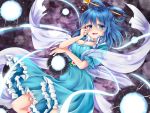  1girl blue_dress blue_eyes blue_hair breasts chikuwa_savi cleavage danmaku dress flower hair_between_eyes hair_ornament hair_rings hair_stick kaku_seiga large_breasts long_hair looking_at_viewer open_mouth puffy_short_sleeves puffy_sleeves shawl short_sleeves smile solo touhou 