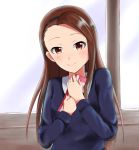  1girl black_hairband blue_sweater blush box brown_eyes brown_hair closed_mouth collared_shirt commentary_request day gift gift_box hairband holding holding_gift idolmaster incoming_gift indoors long_hair long_sleeves looking_at_viewer minase_iori ribbon shirt smile solo sweater tanayata upper_body white_ribbon white_shirt window wing_collar 