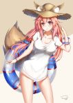  1girl :3 absurdres animal_ears bad_id bad_pixiv_id blush breasts cleavage fate/grand_order fate_(series) fox_ears fox_tail hat highres large_breasts long_hair looking_at_viewer pink_hair solo tail tamamo_(fate)_(all) tamamo_no_mae_(swimsuit_lancer)_(fate) yellow_eyes yiyu_qing_mang 