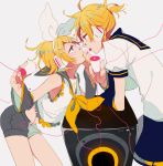  1boy 1girl blonde_hair blue_eyes bow brother_and_sister detached_sleeves eyelashes face-to-face hair_bow hair_ornament hairclip headphones highres kagamine_len kagamine_rin looking_at_another makoji_(yomogi) nail_polish sailor_collar short_hair shorts siblings speaker string_phone tongue tongue_out twins vocaloid wire 