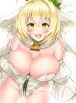  1girl bare_shoulders blonde_hair breasts cleavage collar fate/extra fate/extra_ccc fate_(series) green_eyes highres large_breasts lock looking_at_viewer saber_bride saber_extra sankakusui_(deltawhite) short_hair simple_background smile solo thighs white_background 