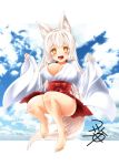  1girl animal_ears artist_signature bare_legs barefoot breasts cleavage clouds eyebrows_visible_through_hair fox_ears fox_girl fox_tail japanese_clothes kohaku_(yua) large_breasts long_hair miko original signature silver_hair sky solo tail thick_eyebrows wide_sleeves yellow_eyes yua_(checkmate) 