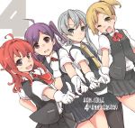  4 4girls :d ahoge anniversary arashi_(kantai_collection) asymmetrical_hair black_legwear blonde_hair brown_eyes commentary_request dutch_angle fujii_jun gloves grey_eyes grey_hair hagikaze_(kantai_collection) hand_on_own_chest kantai_collection long_hair maikaze_(kantai_collection) multiple_girls neck_ribbon neckerchief necktie nowaki_(kantai_collection) number one_eye_closed one_side_up open_mouth pantyhose pleated_skirt pointing ponytail purple_hair redhead ribbon skirt smile vest violet_eyes white_background 