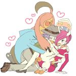  1boy 1girl atsumi_yoshioka blue_hair dress fedora glomp gourgeist hat hug inkay kojirou_(pokemon) meowth musashi_(pokemon) pink_hair pokemon pokemon_(anime) team_rocket wobbuffet 