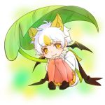  1girl animal_ears bat_ears bat_girl bat_wings black_cape blonde_hair blush brown_footwear brown_shoes cape collar dot_nose extra_ears eyebrows_visible_through_hair eyelashes fang fang_out fukai_(yas_lions) full_body fur-trimmed_sleeves fur_collar fur_trim green_background hands_on_own_knees holding holding_leaf honduran_white_bat_(kemono_friends) kemono_friends knees_together_feet_apart leaf loafers long_sleeves looking_at_viewer multicolored multicolored_background multicolored_hair nose_blush pleated_skirt shirt shoes short_hair sitting skirt smile solo tareme two-tone_hair wavy_hair white_background white_hair white_shirt wings yellow_background yellow_eyes yellow_skirt 