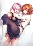  2girls :d ahoge arms_around_neck ass asymmetrical_docking bangs bare_shoulders belt belt_buckle black_belt black_legwear black_skirt boots breast_press breasts buckle carrying closed_mouth couple eyebrows_visible_through_hair fate/grand_order fate_(series) fujimaru_ritsuka_(female) gloves hair_between_eyes hair_ornament hair_over_one_eye hair_scrunchie hairband hand_on_another&#039;s_back high_heel_boots high_heels knee_boots kyouya_(mukuro238) large_breasts long_sleeves miniskirt multiple_girls open_mouth orange_hair princess_carry purple_hair scrunchie shielder_(fate/grand_order) shirt short_hair side_ponytail signature simple_background skin_tight skindentation skirt small_breasts smile standing upper_body violet_eyes white_background white_boots white_shirt yellow_eyes yuri 