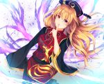  1girl artist_request black_dress chinese_clothes commentary_request crescent dress energy finger_to_mouth fox_tail hat highres junko_(touhou) long_hair long_sleeves looking_at_viewer multiple_tails orange_hair red_eyes simple_background smile solo tabard tail touhou wide_sleeves 
