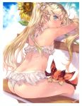  1girl alternate_costume alternate_hair_color ass bikini blue_sky dragon flower from_behind granblue_fantasy hair_flower hair_ornament io_euclase long_hair midriff min-naraken sitting sky solo sunflower swimsuit tan twintails vee_(granblue_fantasy) wavy_hair white_bikini 