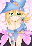  1girl :d absurdres bare_shoulders blonde_hair blush_stickers boots breasts card choker cleavage dark_magician_girl duel_monster gem green_eyes groin hat highres kneeling large_breasts long_hair looking_at_viewer off_shoulder open_mouth pentacle pentagram smile solo staff vambraces wizard_hat yu-gi-oh! 