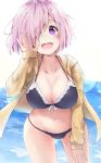 :d bikini black_bikini breasts cleavage fate/grand_order fate_(series) gluteal_fold hair_over_one_eye highres hood hooded_jacket hoodie jacket large_breasts leaning_forward looking_at_viewer minikon navel open_clothes open_hoodie open_jacket open_mouth outdoors outstretched_hand pink_hair shielder_(fate/grand_order) sleeves_past_wrists smile swimsuit violet_eyes 