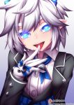  1girl blue_eyes butler demon_power_(elsword) elsword female_butler fi-san formal gloves gradient gradient_background heart heart-shaped_pupils horns long_hair looking_at_viewer luciela_r._sourcream open_mouth pointy_ears ribbon short_hair solo suit symbol-shaped_pupils tongue tongue_out white_gloves white_hair 