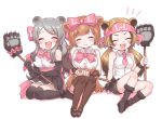  /\/\/\ 3girls ^_^ animal_ears ankle_boots bangs bare_shoulders bear_ears bear_paw_hammer belt bergman&#039;s_bear_(kemono_friends) bike_shorts black_boots black_footwear black_gloves black_legwear black_shorts black_skirt blush boots bow breast_pocket breasts brown_footwear brown_gloves brown_hair brown_legwear brown_shoes brown_skirt closed_eyes collar collared_shirt dot_nose elbow_gloves eyebrow_twitching eyebrows eyebrows_visible_through_hair eyelashes ezo_brown_bear_(kemono_friends) facing_viewer frilled_skirt frills full_body fur-trimmed_boots fur-trimmed_gloves fur_trim gloves gradient_hair grey_hair hair_bow hair_ornament hair_scrunchie happy heart high-waist_skirt highres holding holding_weapon kemono_friends knee_up kodiak_bear_(kemono_friends) large_breasts legs_together light_brown_hair long_hair low_twintails mary_janes medium_breasts multicolored_hair multiple_girls neck_ribbon necktie open_mouth pink_belt pink_bow pink_necktie pink_ribbon pocket ribbon rojiko scrunchie shadow shirt shoes short_hair short_twintails shorts shorts_under_skirt simple_background sitting skirt sleeveless sleeveless_shirt smile swept_bangs teeth thigh-highs twintails two-tone_hair upper_teeth weapon white_background white_scrunchie white_shirt wing_collar yokozuwari zettai_ryouiki |d 