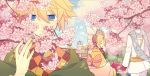  1girl 2boys blonde_hair blue_eyes blue_hair bonnet bow bridge building cherry_blossoms closed_eyes expressionless flower hair_bow hand_holding headdress japanese_clothes kagamine_len kagamine_rin kaito long_sleeves male_focus multiple_boys nail_polish outdoors patterned_clothing petals scarf short_hair sky tree vocaloid yellow_nails yoshiki 