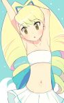  1girl :o arms_up artist_name blonde_hair blush breasts collarbone drill_hair long_hair miyata0529 navel open_mouth pleated_skirt rockman ryuusei_no_rockman shirogane_luna skirt small_breasts solo strapless stretch tubetop twintails yellow_eyes 