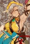  1girl absurdres animal_ears arm_up armpits belt between_breasts breasts brown_eyes clenched_teeth dark_skin eyelashes granblue_fantasy grey_hair highres hiranko large_breasts lips long_hair looking_at_viewer looking_to_the_side nemone side_slit sideboob solo teeth wreath 