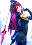  1girl absurdres armor bodysuit emanon123 fate/grand_order fate_(series) highres lips pink_hair polearm red_eyes scathach_(fate/grand_order) shoulder_armor solo spear veil weapon 