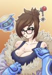  1girl black-framed_eyewear blush breasts brown_eyes brown_hair cleavage drone eyes_visible_through_hair fur fur-trimmed_jacket fur_trim hair_bun hair_ornament hair_stick heart heart-shaped_pupils highres jacket kawa-v large_breasts mei_(overwatch) open_mouth overwatch parka snowball_(overwatch) solo sweat symbol-shaped_pupils tank_top upper_body 