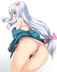  absurdres ass bikini bikini_under_clothes blue_eyes blush bow from_behind hair_bow highres izumi_sagiri leaning_forward long_hair looking_back low-tied_long_hair nedia_r off_shoulder pink_bikini profile side-tie_bikini sidelocks silver_hair simple_background string_bikini swimsuit white_background 