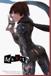  1girl ass brown_eyes brown_hair character_name hews_hack holding holding_mask lips mask niijima_makoto persona persona_5 scarf short_hair simple_background skin_tight spaulders 