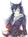  1girl animal_ears black_hair blue_eyes book breasts fur_collar gloves grey_wolf_(kemono_friends) heterochromia kemono_friends large_breasts long_hair long_sleeves looking_at_viewer multicolored_hair necktie simple_background skirt solo tail two-tone_hair white_background wolf_ears wolf_tail yellow_eyes 