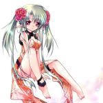  1girl barefoot china_dress chinese_clothes dress elf green_hair grey_eyes ichiyou_moka long_hair original pointy_ears solo 