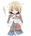  &gt;_&lt; 1girl abe_suke arm_warmers bangs blonde_hair blush closed_eyes commentary_request eyebrows_visible_through_hair flying_sweatdrops mizuhashi_parsee short_hair short_sleeves simple_background solo touhou translation_request upper_body white_background 