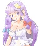  1girl adjusting_hair arnest blush bow breasts camisole cleavage crescent crescent_hair_ornament hair_bow hair_ornament large_breasts long_hair looking_at_viewer open_mouth patchouli_knowledge purple_hair simple_background sketch solo strapless touhou upper_body violet_eyes white_background 